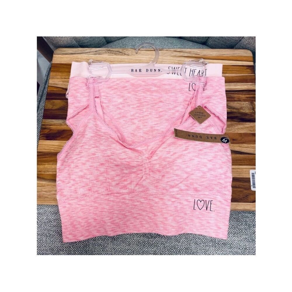 NWT Rae Dunn M 3 Pc Pink Seamless Love Sweetheart Set 2 Hipster Panties Bralette